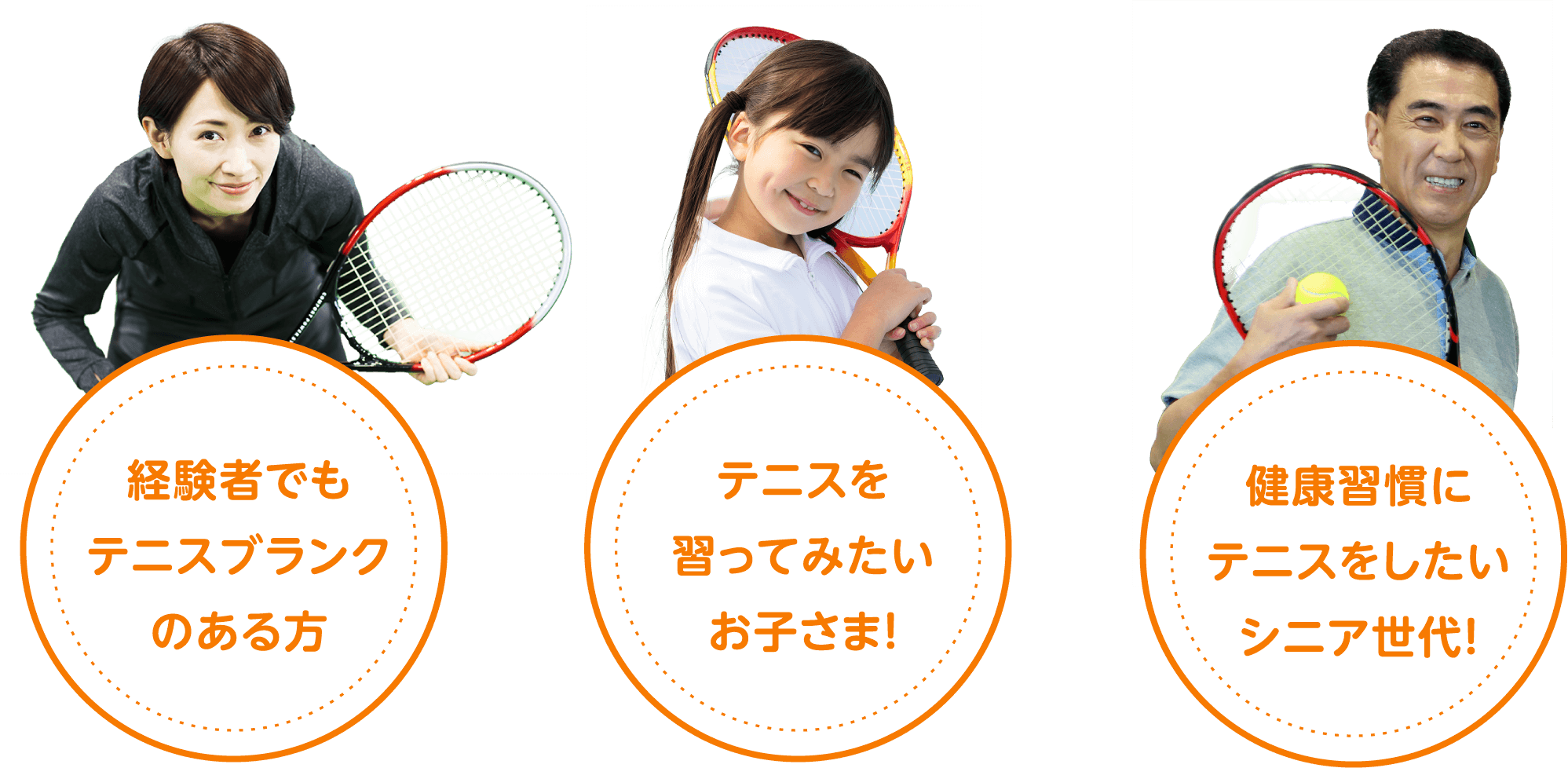 経験者でもテニスブランクのある方・テニスを習ってみたいお子さま・健康習慣にテニスをしたいシニア世代